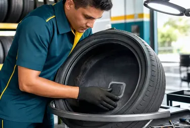 Mecânico consertando um pneu em Luziânia.