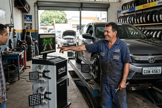 Mecânico discutindo sobre alinhamento de rodas com um cliente em Luziânia.