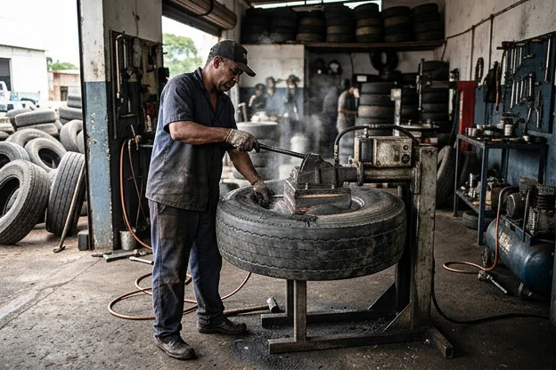 Pneus sendo vulcanizados em Luziânia, mostrando a máquina em uso.