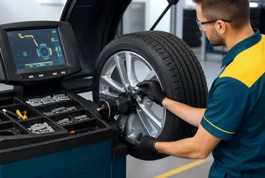 Técnico balanceando rodas de um carro em Luziânia.